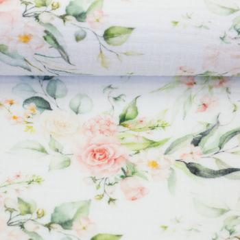 Preview: Musselin Thea Pastellblumen Grün/Rose auf Ecru by Swafing